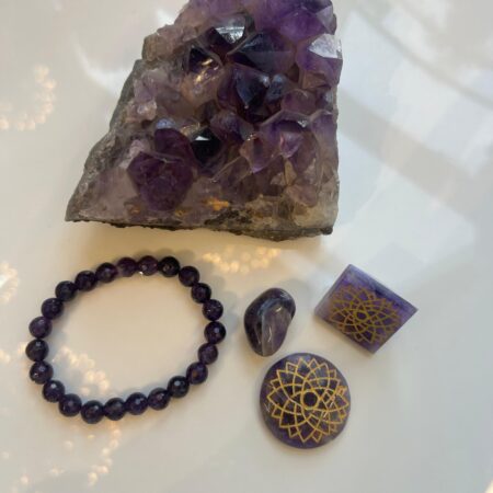 Amethyst Crystal Collection – Cluster, Bracelet & Tumbled Stones (8mm Beads)