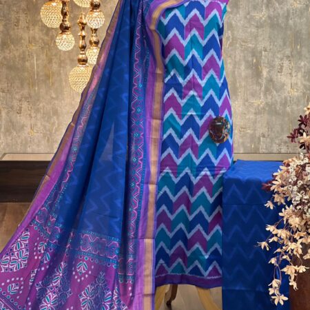 Elegant Patola Printed Silk Blend Suit Set with Zari Border Dupatta.