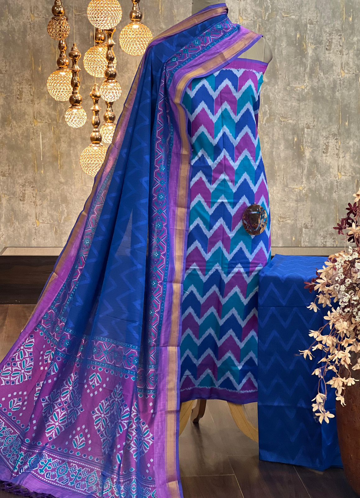 Elegant Patola Printed Silk Blend Suit Set with Zari Border Dupatta.