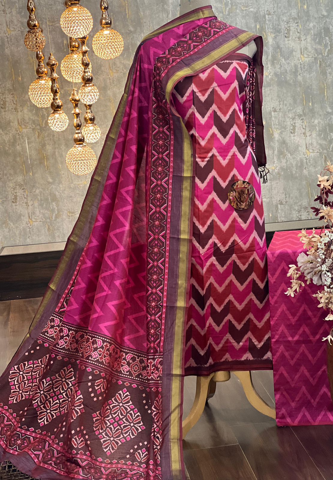 Vibrant Patola Silk Blend Suit Set with Zari Border Dupatta