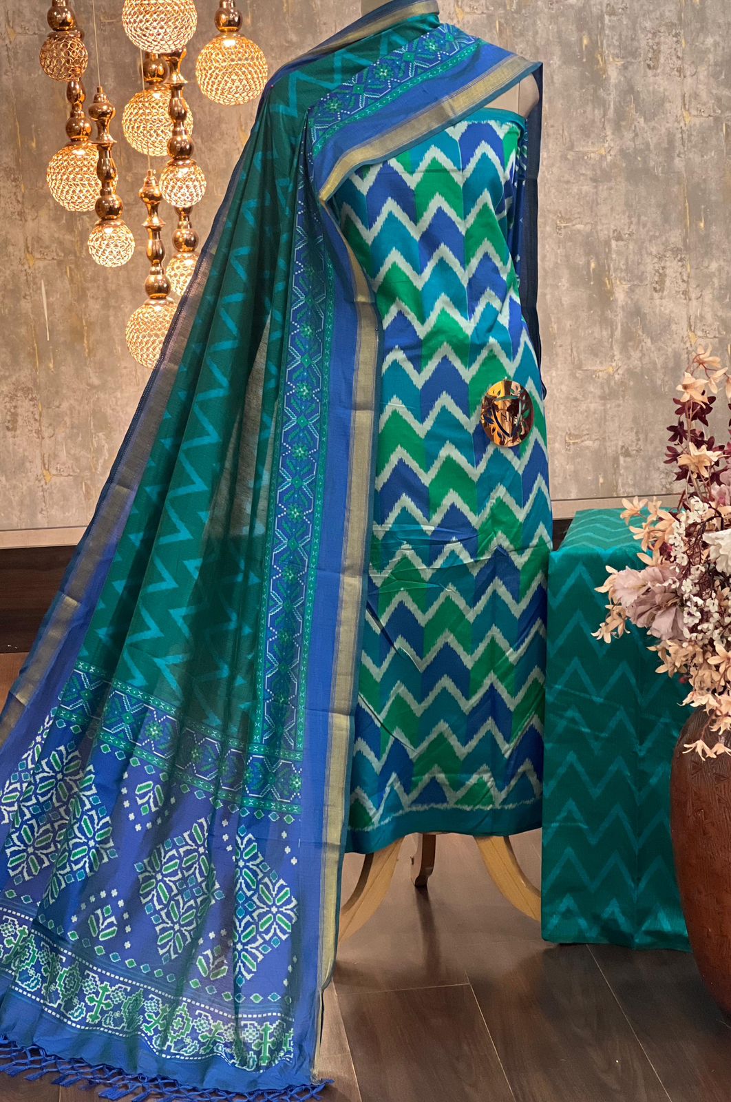 Festive Patola Silk Blend Dress Material with Tissue Border