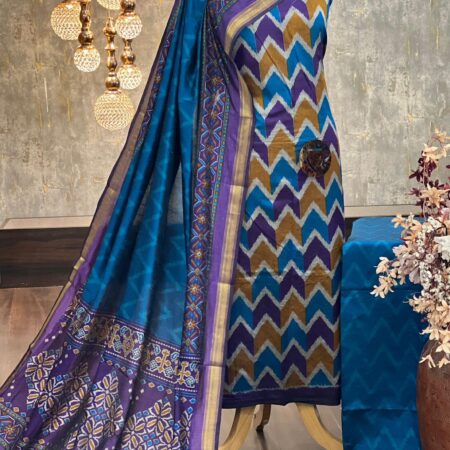Exquisite Patola Silk Blend Suit Set with Zari Border & Ikat Print