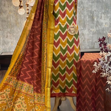 Vibrant Patola Printed Silk Blend Suit Set with Zari Border Dupatta