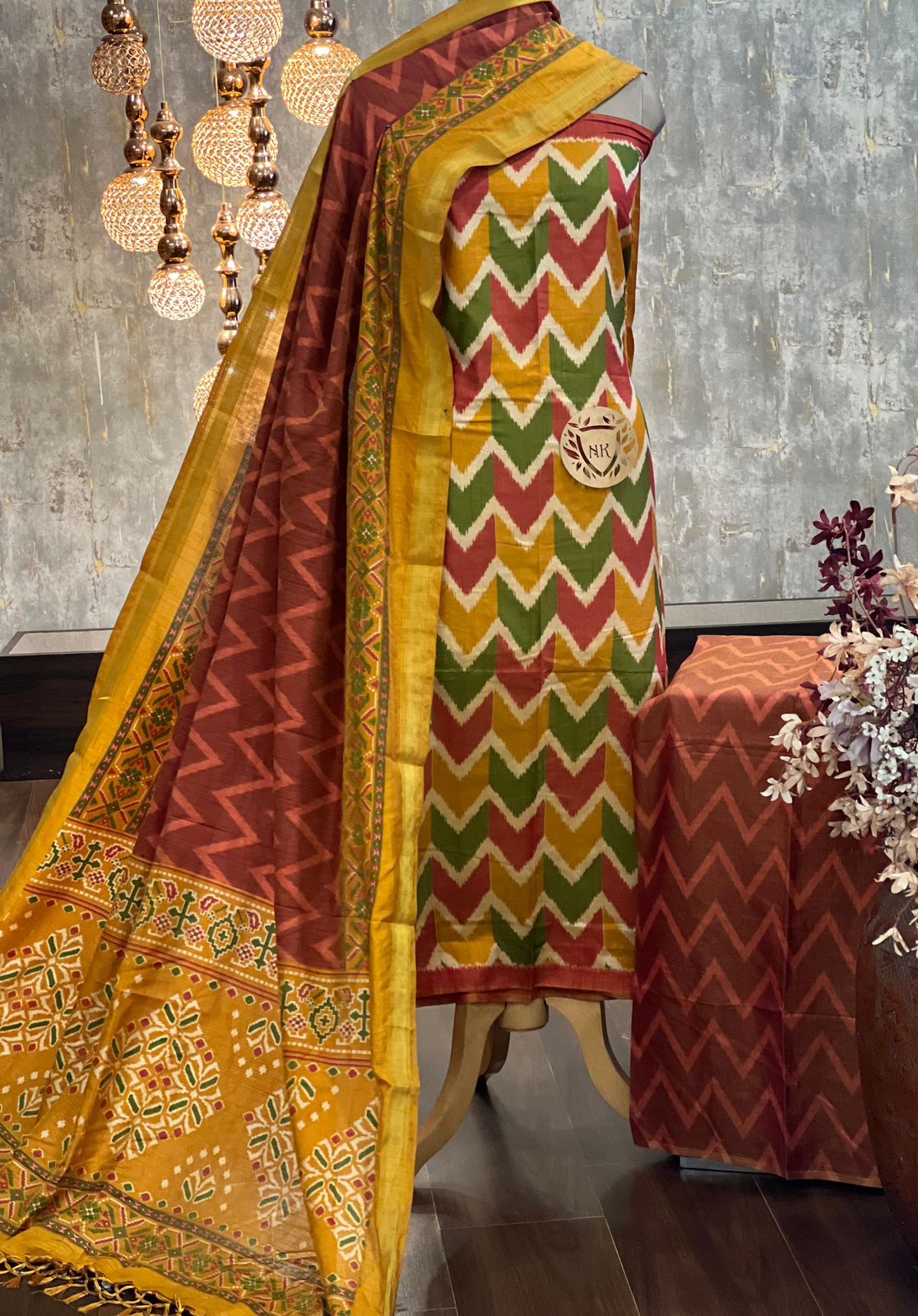 Vibrant Patola Printed Silk Blend Suit Set with Zari Border Dupatta