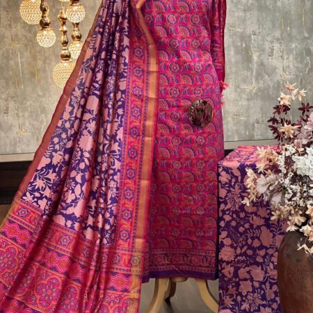 Vibrant Pink Patola Silk Blend Unstitched Suit with Contrasting Dupatta