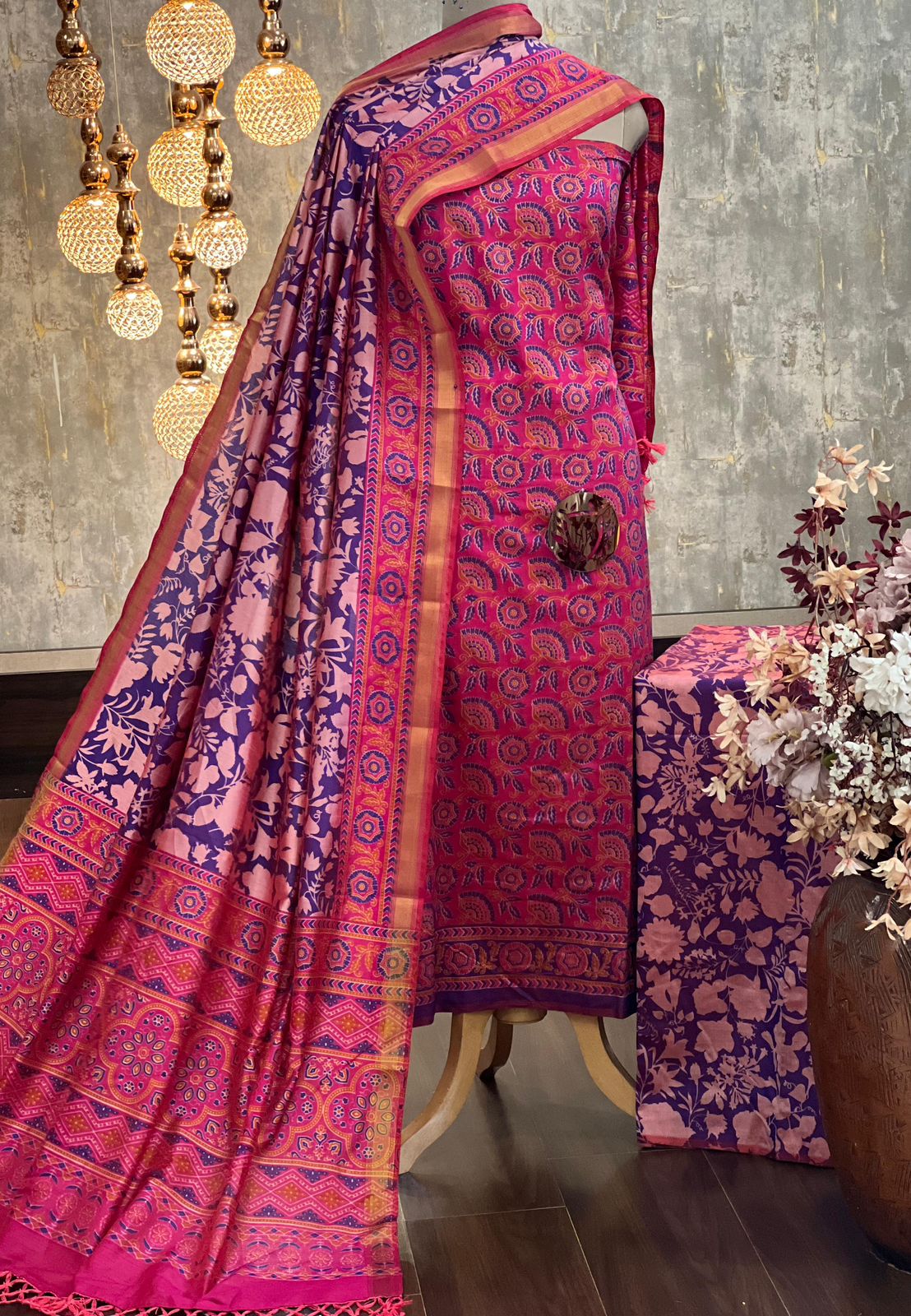 Vibrant Pink Patola Silk Blend Unstitched Suit with Contrasting Dupatta