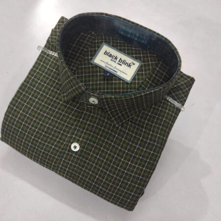 Black Blink Men's Olive Green & White Checked Cotton Casual Shirt