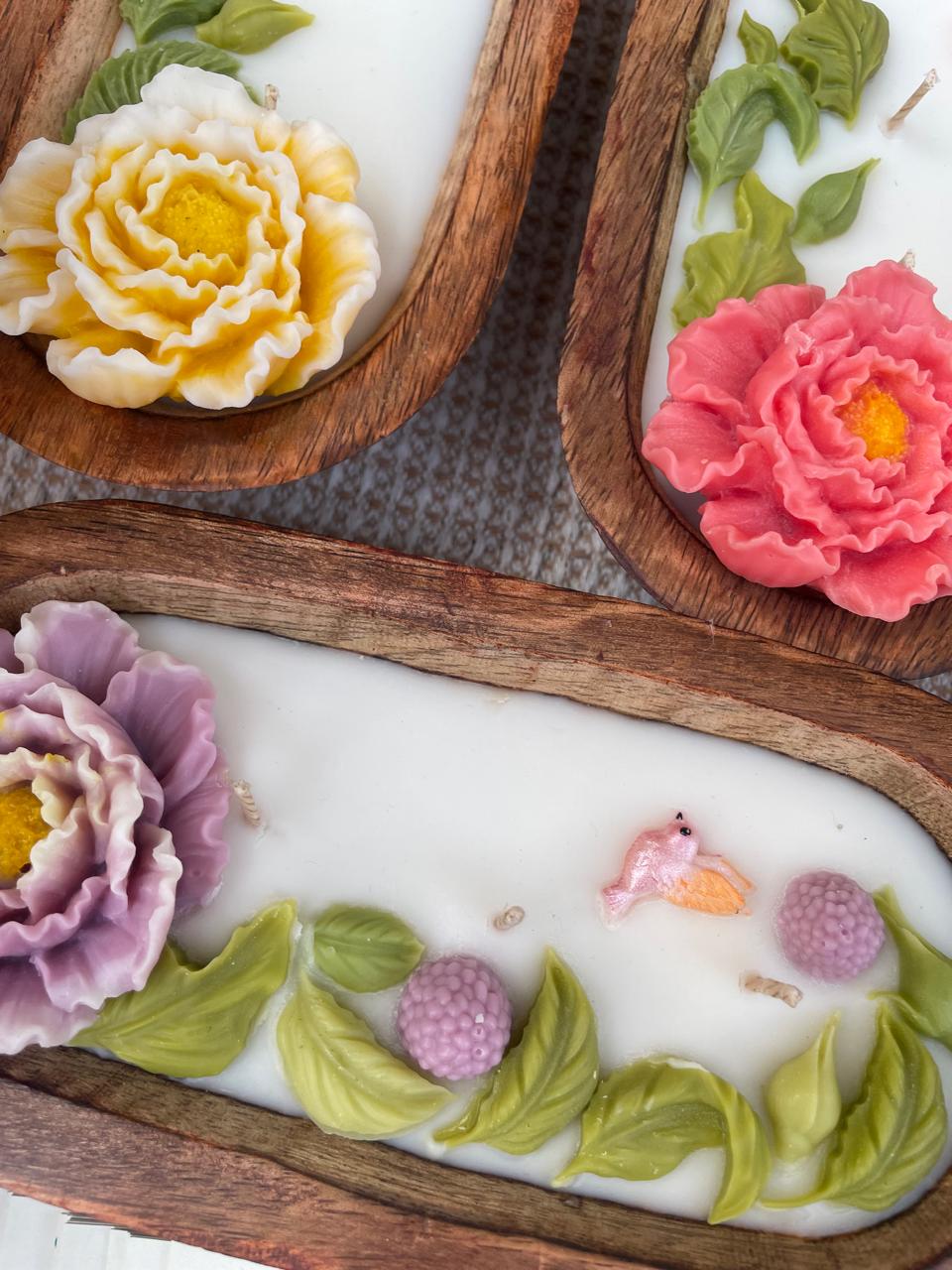 Hand-Carved Floral Scented Candles in Rustic Wooden Trays