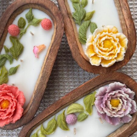 Hand-Carved Wooden Dough Bowl Candles with Botanical Art | Scented Soy Wax
