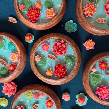 Lotus Pond Urli Candles in Wooden Jars - Festive Bloom Collection