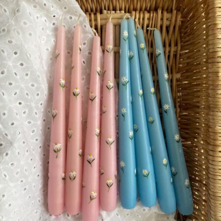 Hand-Painted Daisy Taper Candles - Pastel Pink & Blue Floral Decor - 1 Piece