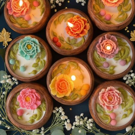 Handcrafted Floral Scented Candles in Wooden Bowls | Artisan Bloom Collection - 1 Set