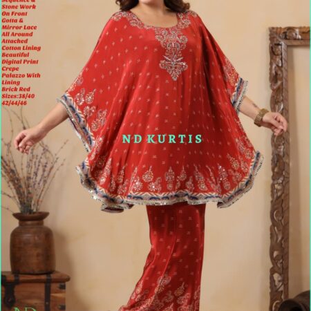 ND KURTIS ND4554 Designer Crepe Ponchu Style Co-Ord Set - Brick Red