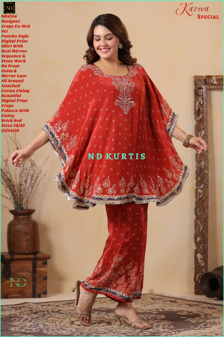ND KURTIS ND4554 Designer Crepe Ponchu Style Co-Ord Set - Brick Red