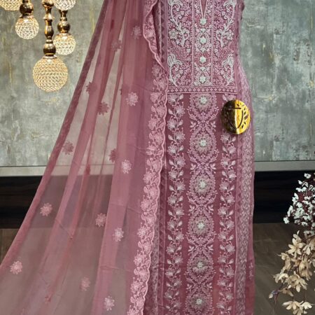 Elegant Pink Georgette Lucknowi Embroidery Salwar Suit with Chiffon Dupatta