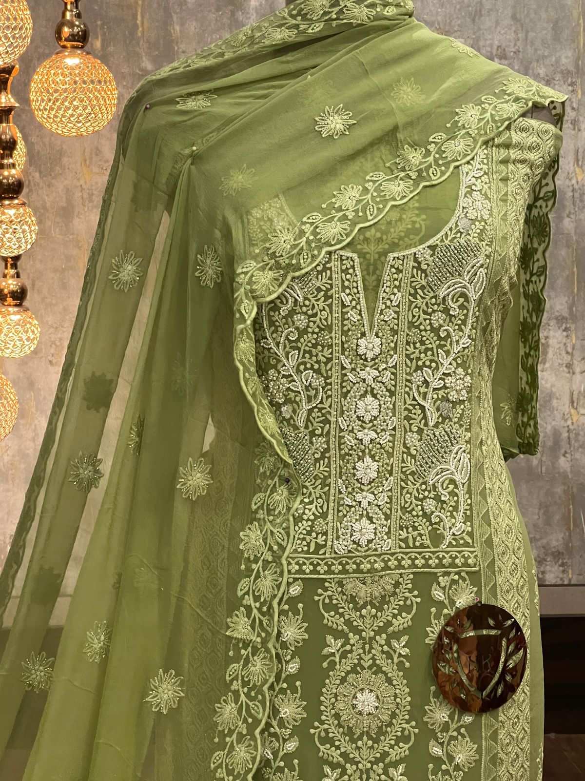 Elegant Green Organza Embroidered Salwar Suit with Handwork