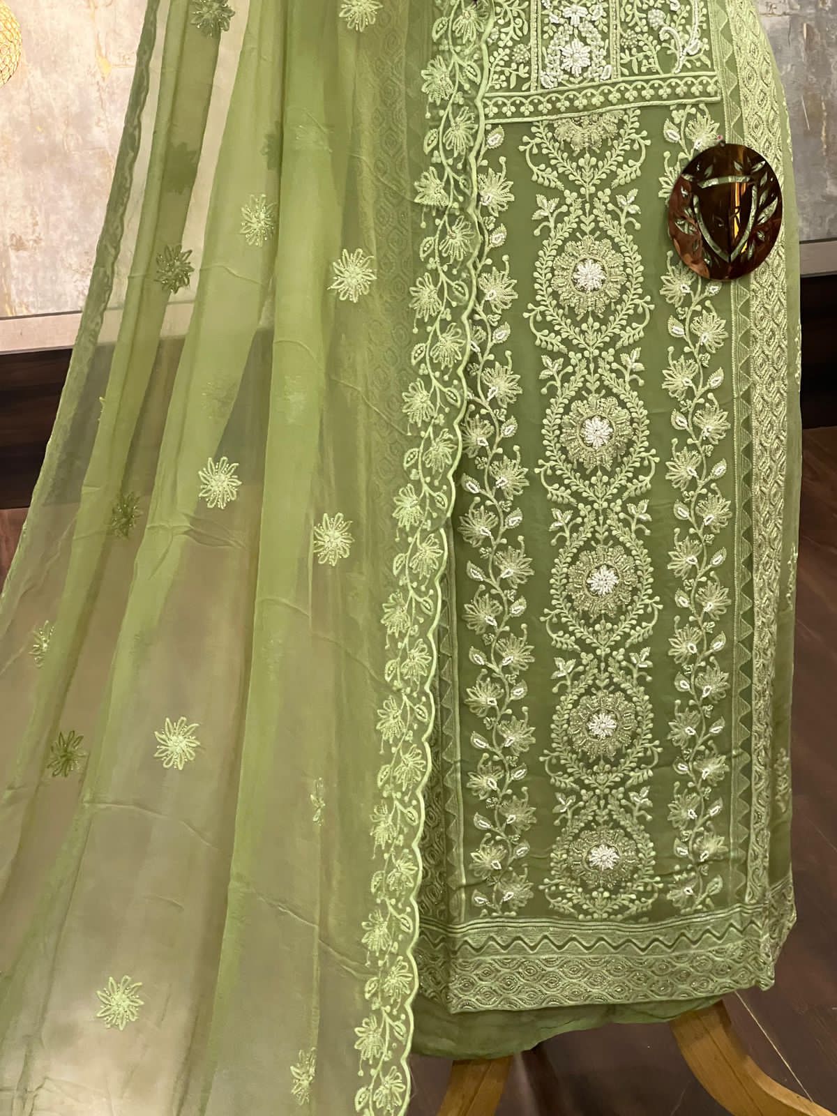Elegant Green Organza Embroidered Salwar Suit with Handwork - Image 2