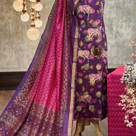 Elegant Purple Patola Silk Suit Set with Zari Border & Traditional Motifs