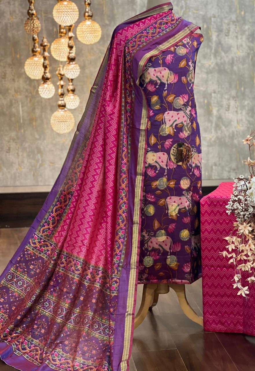 Elegant Purple Patola Silk Suit Set with Zari Border & Traditional Motifs