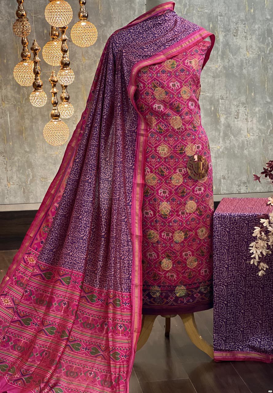 Elegant Patola Print Silk Unstitched Suit Set with Dupatta