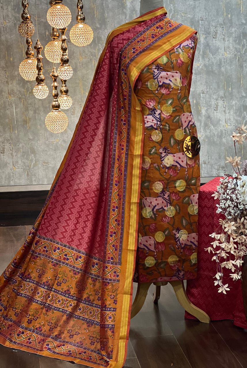 Exquisite Patola Print Silk Blend Unstitched Suit Set with Traditional Motifs