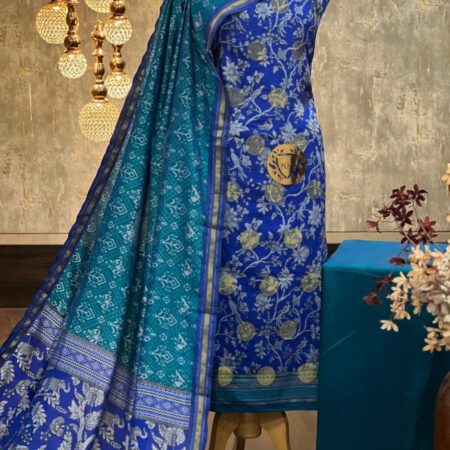 Exquisite Patola Printed Silk Suit Set with Zari Border - Royal Blue & Teal