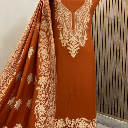 Exquisite Orange Pashmina Weaving Suit with Intricate Paisley Embroidery and Shawl