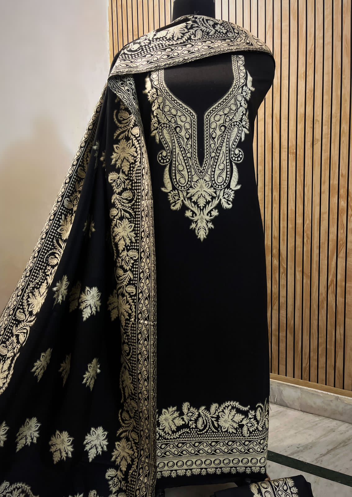 Black Pashmina Weaving Embroidered Salwar Suit with Dupatta