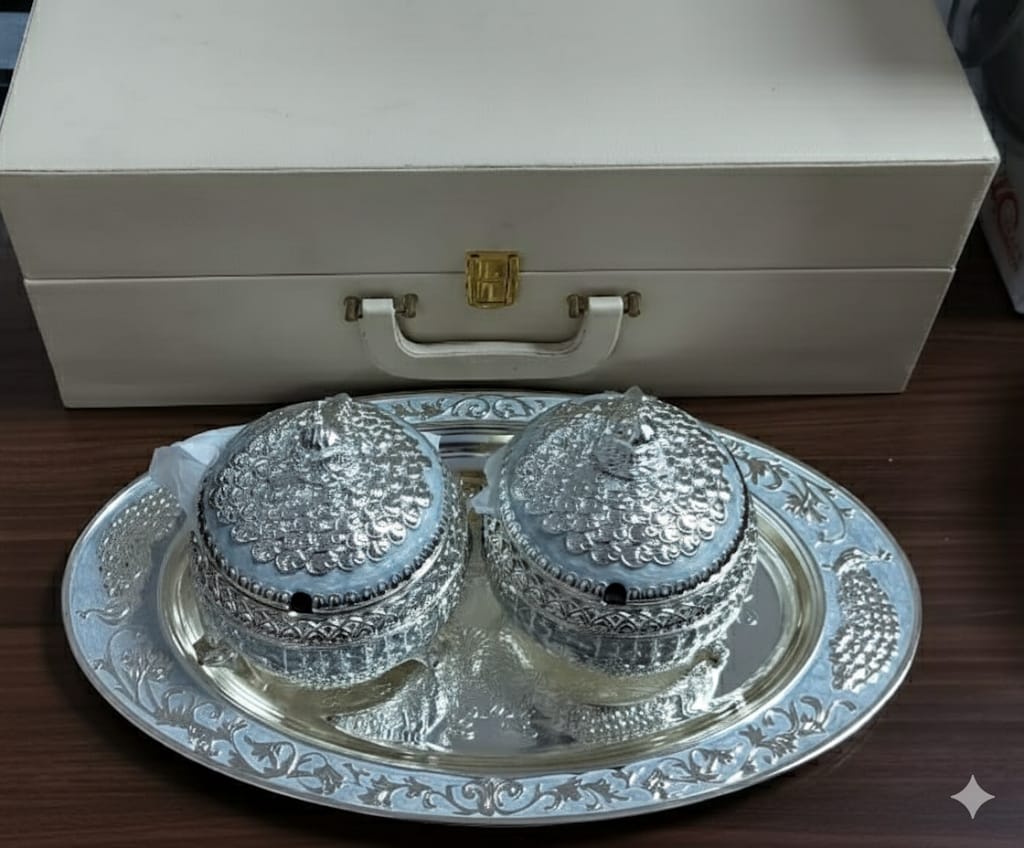 German Silver Kumkum Bowl Set with Tray