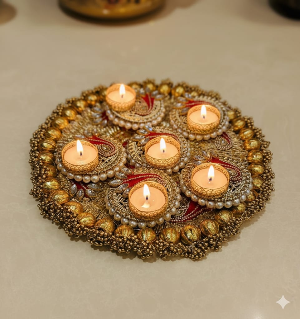 Handcrafted Pearl & Gota Work Decorative Tea Light Candle Holder Platter